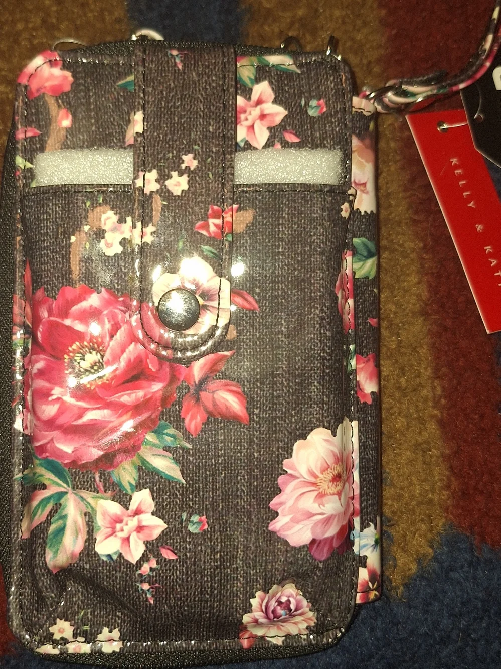 Kelly & Katie Black Floral Wristlet Phone Pouch with Pink Flowers